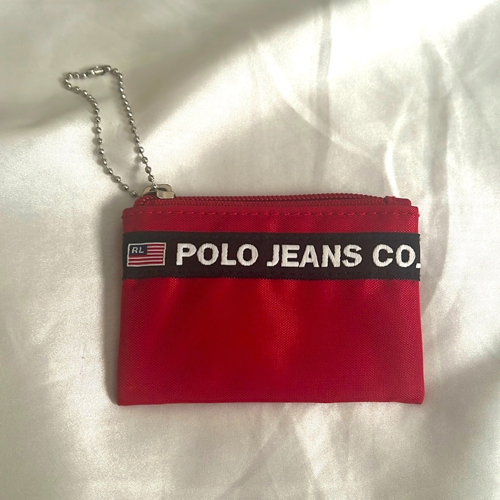 Vintage Ralph Lauren Polo Jeans Red Black Striped Coin Pouch Zippered Wallet Y2K